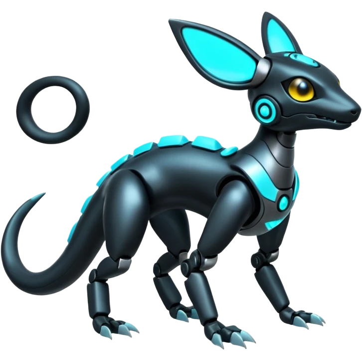 Shiny White Metallic Futuristic Robotic Mechanical Glowing Salandit-Umbreon-Fakémon-hybrid-creature (full body) with cyan accents emoji