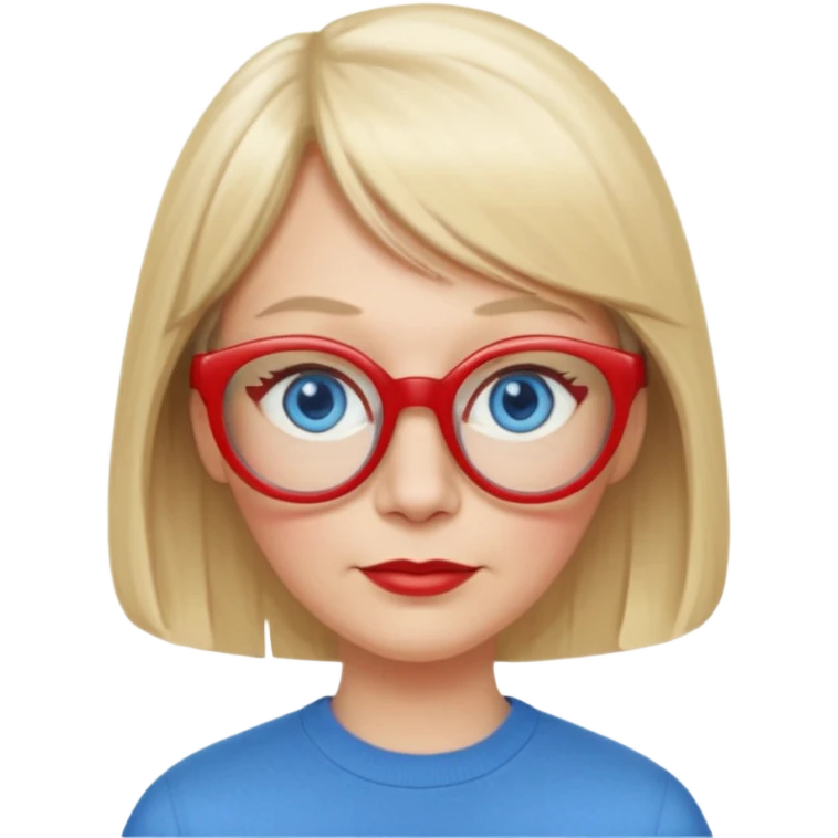 50 yr old white woman, pale skin, long straight blond hair parted in center, blue eyes, bangs, clothes for school, big red glasses, oval face, long face emoji