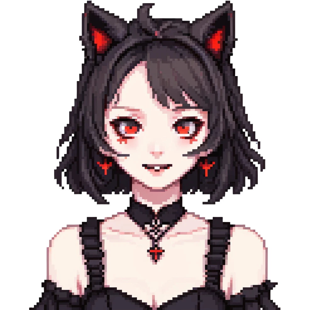 neko anime girl emoji, gothic black dress, glowing red eyes, fanged smirk, pale skin, cat ears, dark vibe emoji