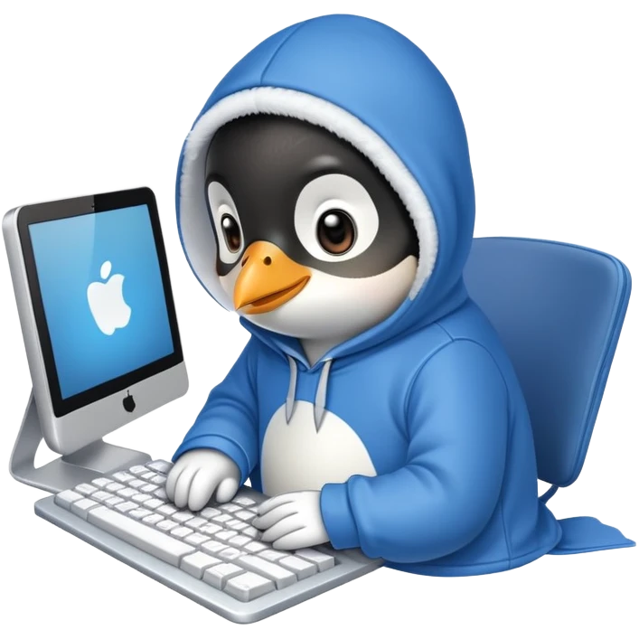 A cute penguin wearing a cozy hoodie typing on a computer keyboard emoji