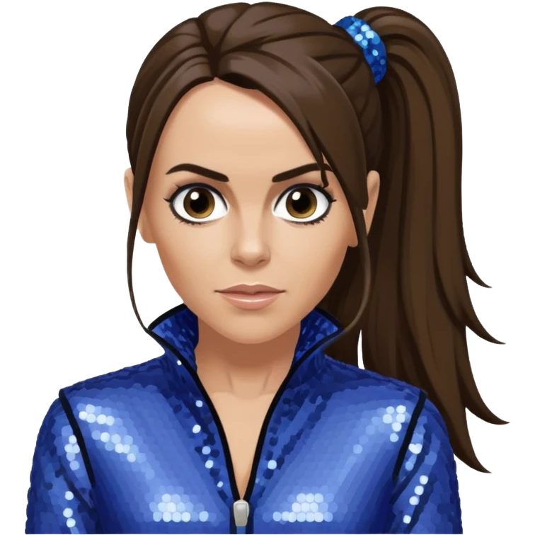 Mel C from Spice Girls with long dark brown ponytail hair, perwinkle sequin outfit, light skin emoji