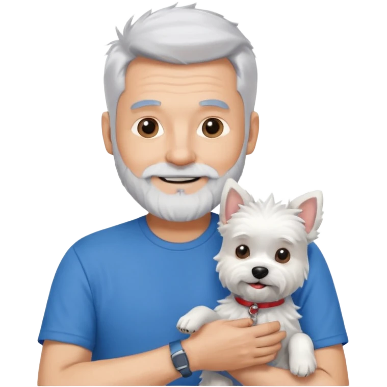 handsome gentleman, 60 years old, spiky crew cut silver hair, full beard, wearing a blue t-shirt, smiling and holding a maltese dog emoji