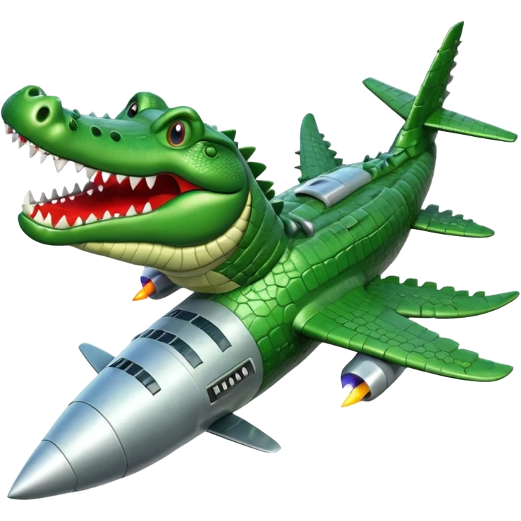 Head of Crocodile with body like a bombardier, bomb, and airplane elements. Green crocodile, steel/metal accents. Flying through the air, grinning, with a rocket below. Dynamic, fun, a bit fierce emoji