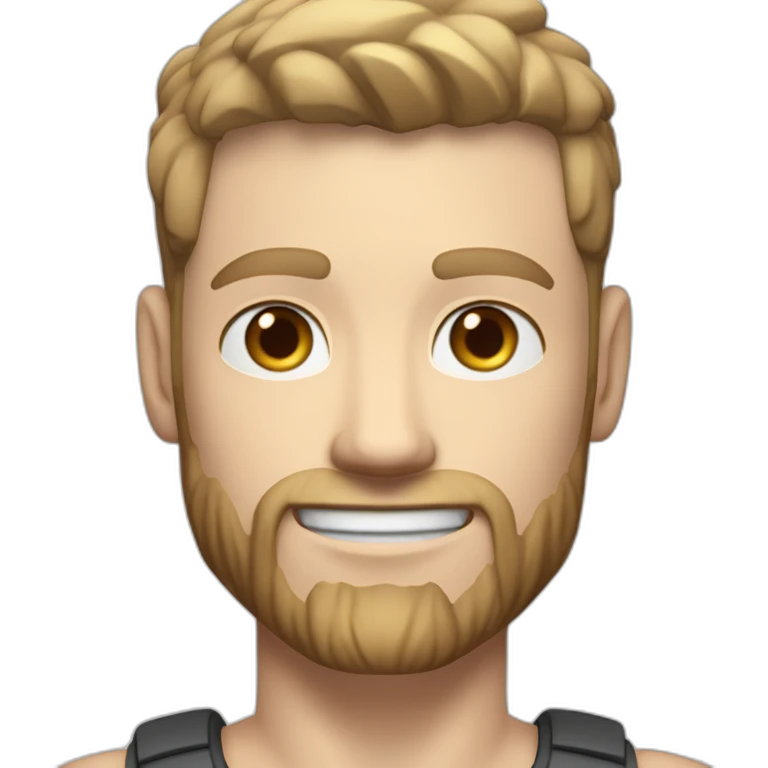 Full height Pale skinned fit man With biceps, Realistic eyes and mouth, light brown hair and stubble In dark gray sleeveless mike, black oversize sports shorts, watch and white sneakers. emoji