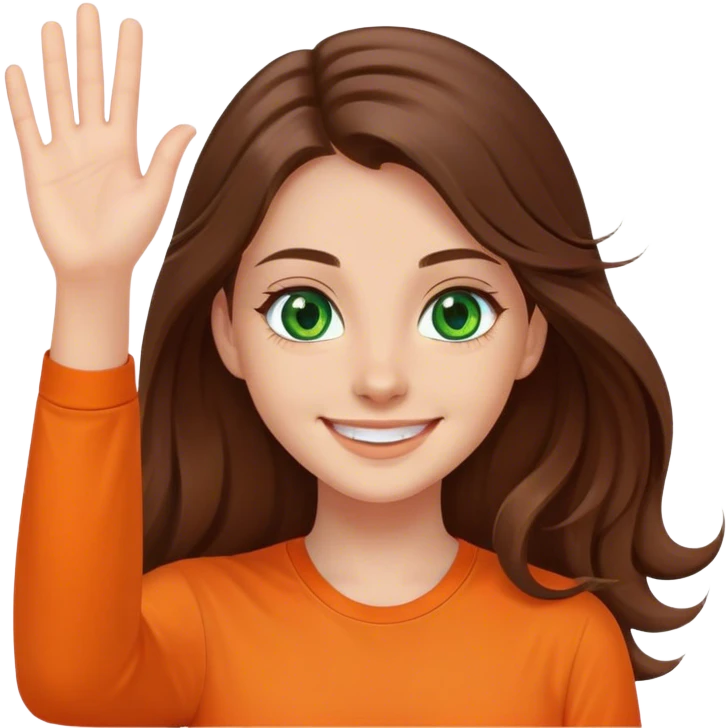 smiling girl with long brown hair, middle hair split, waving, green eyes, orange shirt emoji