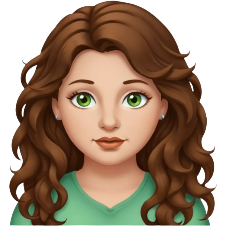 Brown wavy long hair, light green eyes, nose ring, plus size emoji