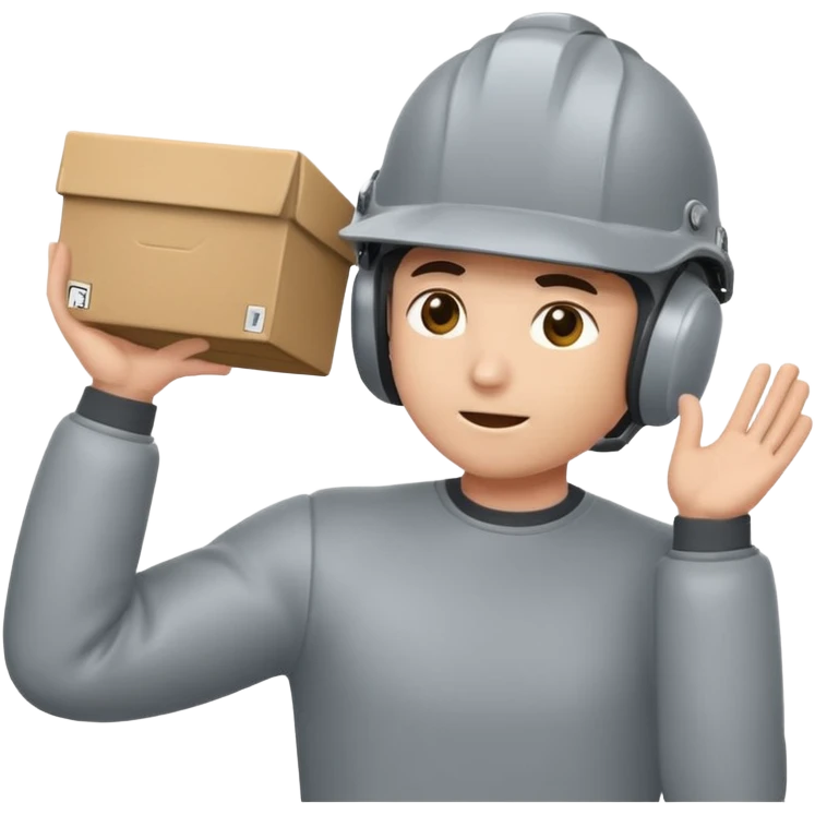 Tengo que dar una capacitacion de orgonomia, necesito un emoji de un operario con casco blanco y buzo gris de manga larga que levante una caja cerrada con las dos manos a la altura de los hombros y que tenga cara de esfuerzo fisico emoji