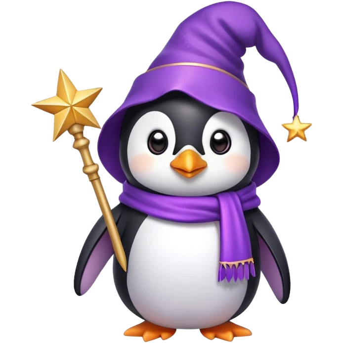 A cute penguin wearing a purple wizard hat and holding a magic wand with a star on the tip emoji