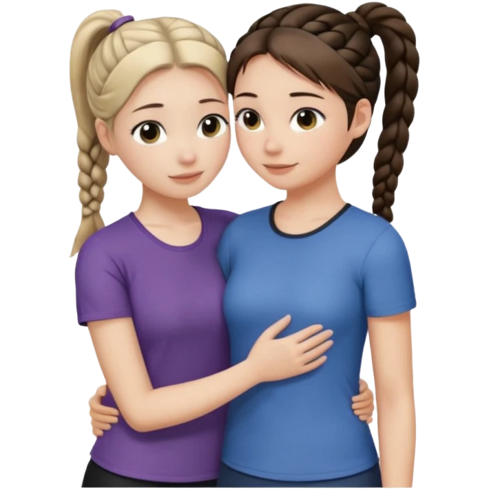 Comforting Hug two white skin women, one shorter woman with medium brown simple top ponytail, not braided, and one taller woman with a single long black side braid emoji