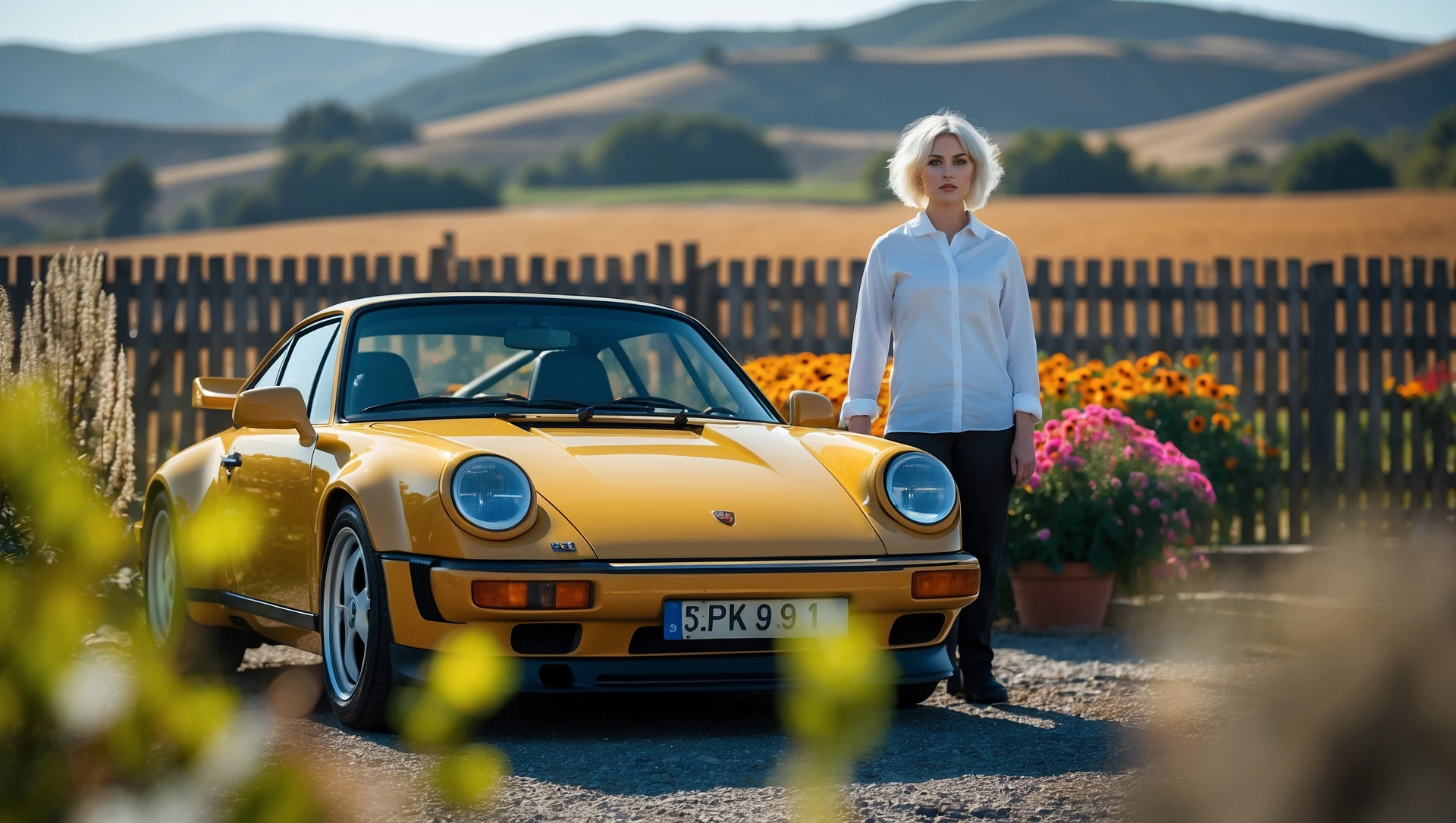A portrait of a white person next to porsche 911 in the foreground, blurred plants in the foreground, a wooden fence and colorfull flowers in the midground, rolling hills in the background, cinematic depth of field, layered composition, natural lighting emoji