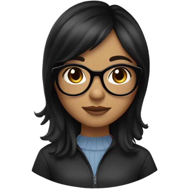 girl with slightly wavy black hair medium length  in layers has curtain bangs tanned skin brown eyes black circular glasses emoji