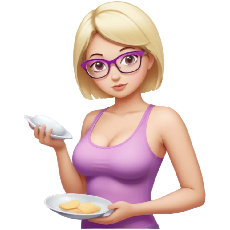 Seductive, Curvy fair skinned woman, short blond hair, small light purple reading glasses, washing dishes, SFW sheer pink tank top, without undergarments showing natural breast shape SFW, black yoga pants, thick booty emoji