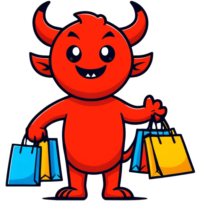 Devil character with shopping bags, excited about shopping emoji