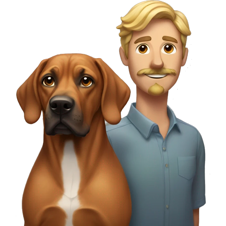 white male with long rainbow colored hair and a curled mustache standing alongside a brown rhodesian ridgeback dog emoji