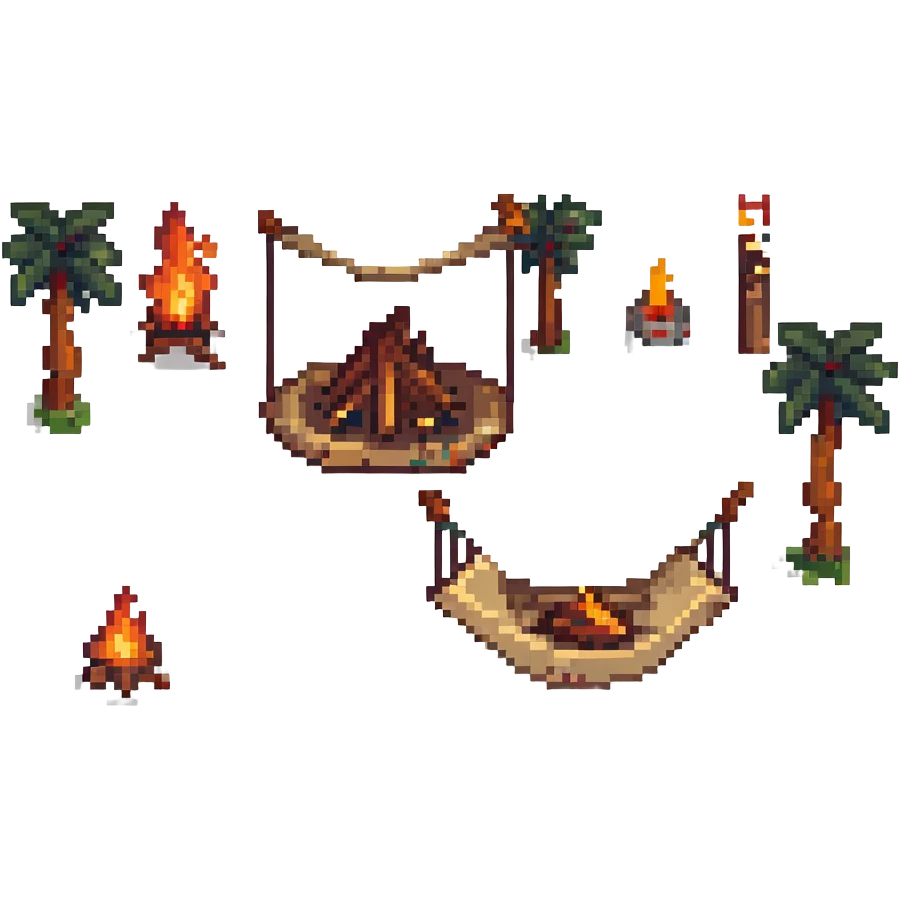 bushcraft adventure camp with campfire and hammock emoji