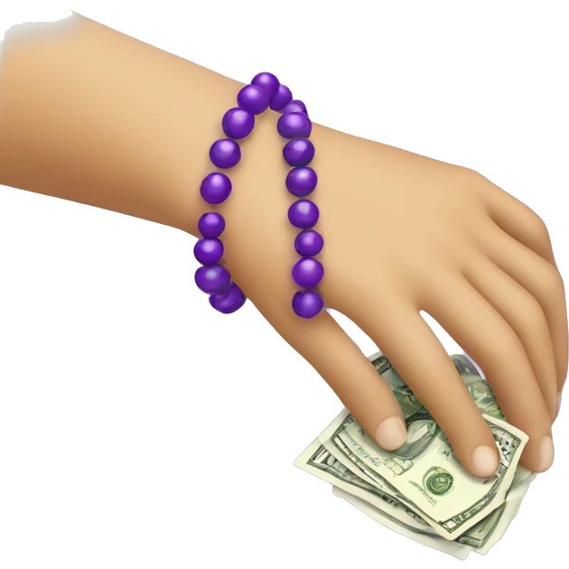 hand with purple bead bracelet holding money emoji