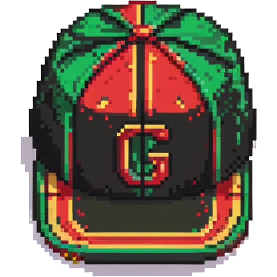 pixel art Gucci cap with green and red stripes and gold accent emoji