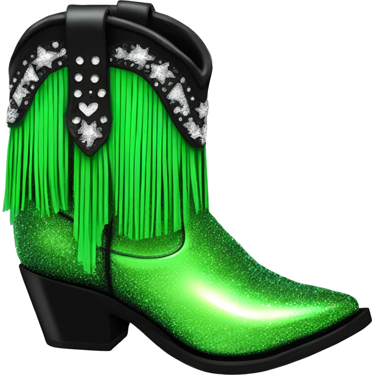 Realistic neon green to black ombre pair of fashion cowgirl boots with sparkly shiny glitter fringe on them. emoji