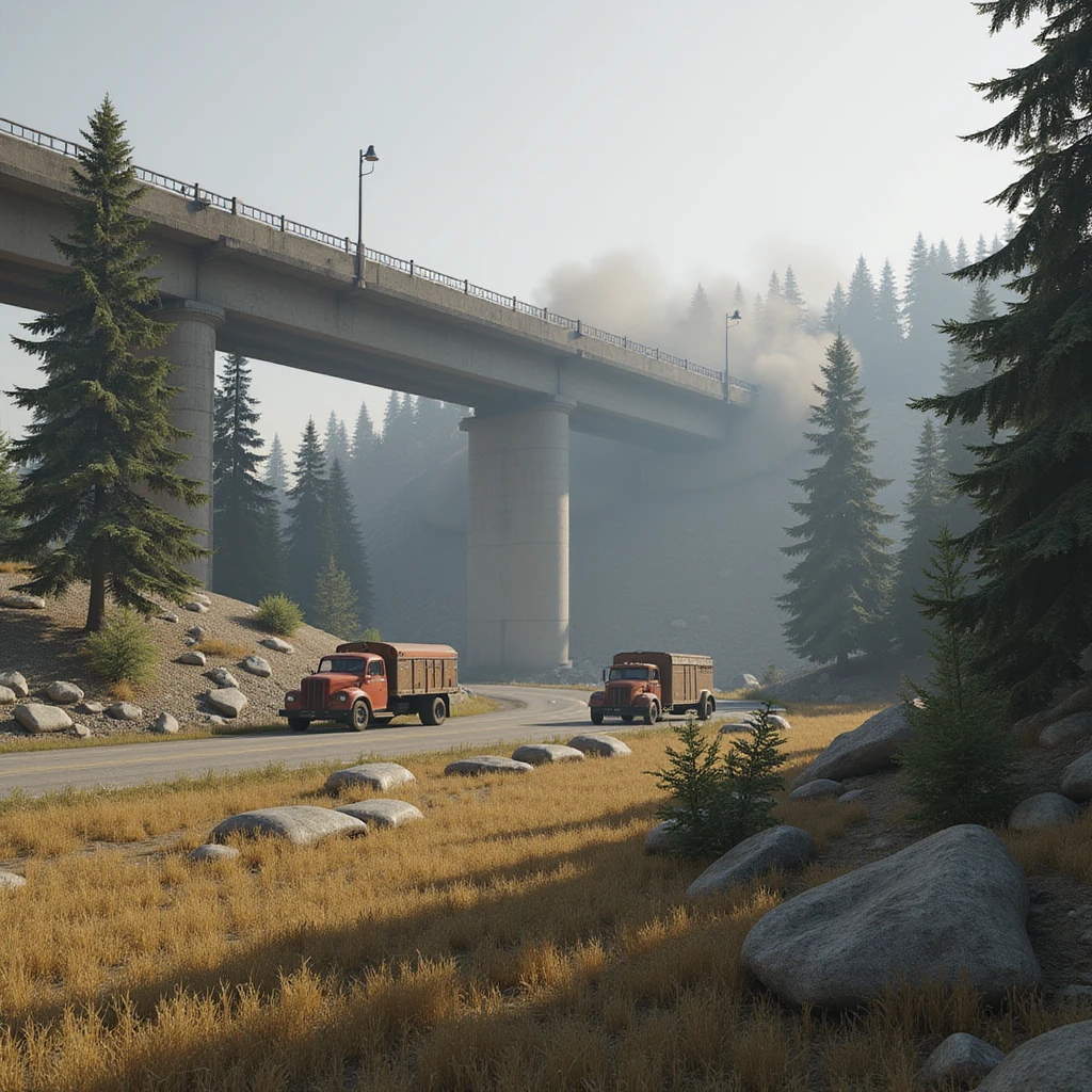  a screenshot of a location in a videogame  the image of the scene consists of: [a tall above-ground freeway collapsed], a wooded area, a small field of wheat, sandbag barricades. distant smoke. uneven terrain, derelict vintage work trucks, more distant smoke emoji