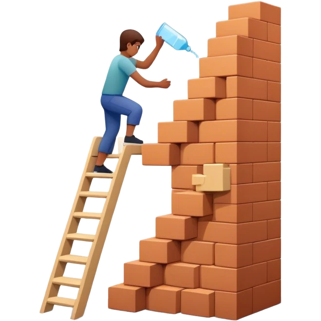 A person is stacking bricks one by one, slowly constructing a staircase or wall. Each brick represents a small action taken consistently (e.g., drinking water, exercising, reading). emoji