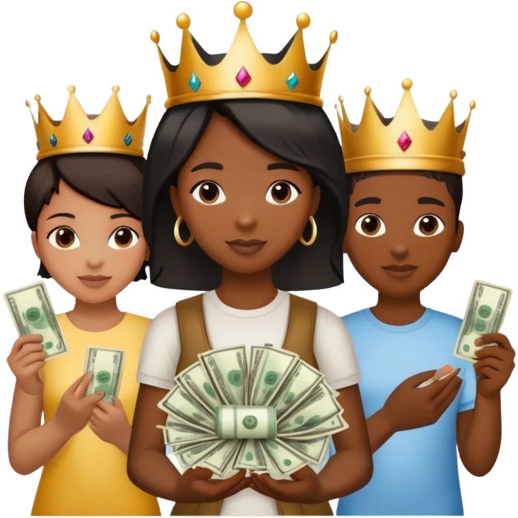 rich black group of friends mixed with girls and boys holding money one girl has on a crown and they have on shirts that says “ Wto “  emoji