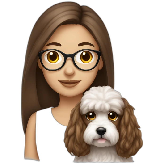 Long straight brown hair, eyeglassed turkish girl with white maltipoo emoji