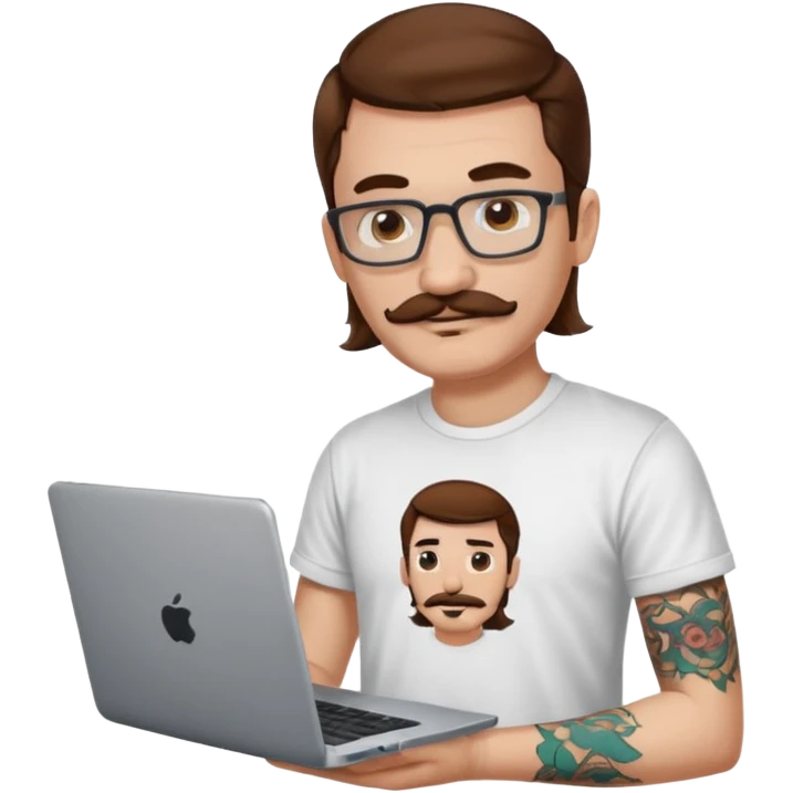 A DEVELOPER WITH A laptop, USING t-shirt, long hair, mustache, tattoo, piercing emoji
