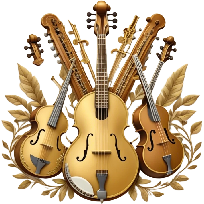 Create a grand, heraldic-style emoji collage representing plucked string instruments. The design should resemble a majestic emblem, featuring a collection of iconic instruments such as a banjo, mandolin, domra, sitar, and other plucked string instruments. Arrange the instruments symmetrically, with their necks and strings intertwining gracefully like a coat of arms. A flowing ribbon of musical notes should elegantly weave through the instruments, creating a sense of harmony and movement. The emblem should have a luxurious, golden and bronze color palette with intricate decorative elements, adding depth and a professional touch. Subtle lighting effects should highlight the polished wood and metal strings of the instruments. The background should be transparent, making the design adaptable for various uses emoji