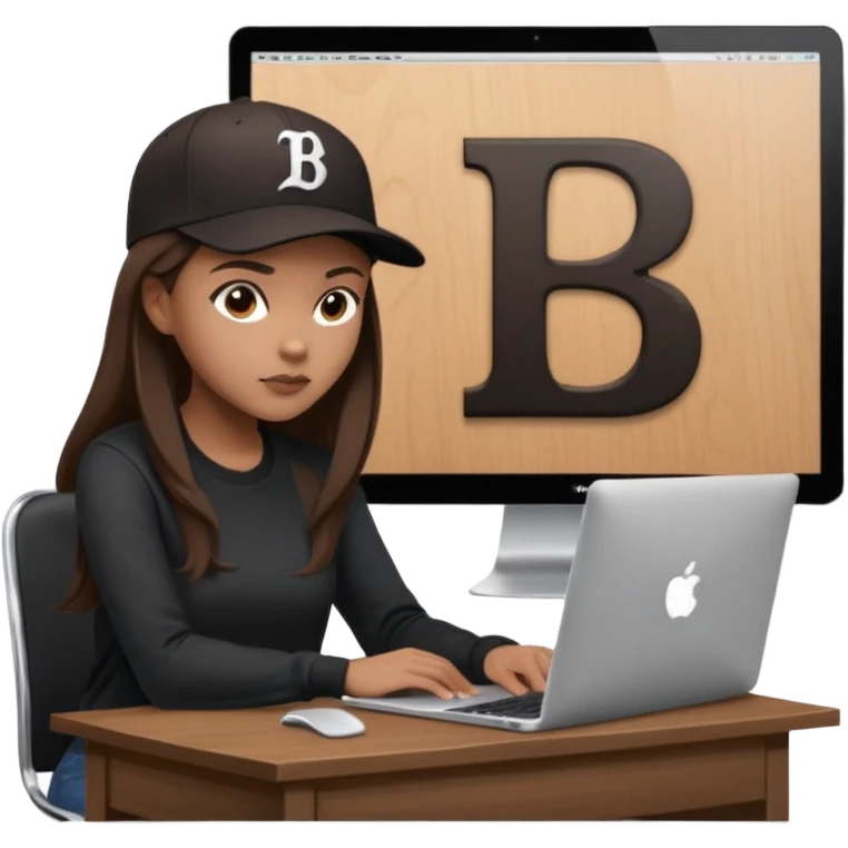 A professional 3D avatar of a young woman with light brown skin and long, dark brown hair, wearing a dark, long-sleeved shirt and a black baseball cap with a prominent white 'B' logo. She's sitting at a sleek wooden desk, typing on a silver MacBook. emoji