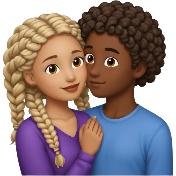 darkskin girl with braids kissing light skin boy with curly hair emoji
