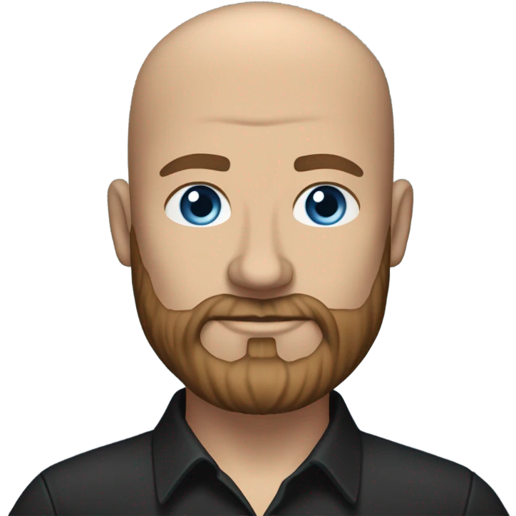 Bald, Caucasian, sky-blue-eyed, Psychotherapist in a modern colorful chair. He has a brown full beard and he’s Wearing a black dress shirt with a subtle pattern, blue jeans and black Chelsea boots with his legs separted leaning forward grey in goatee emoji