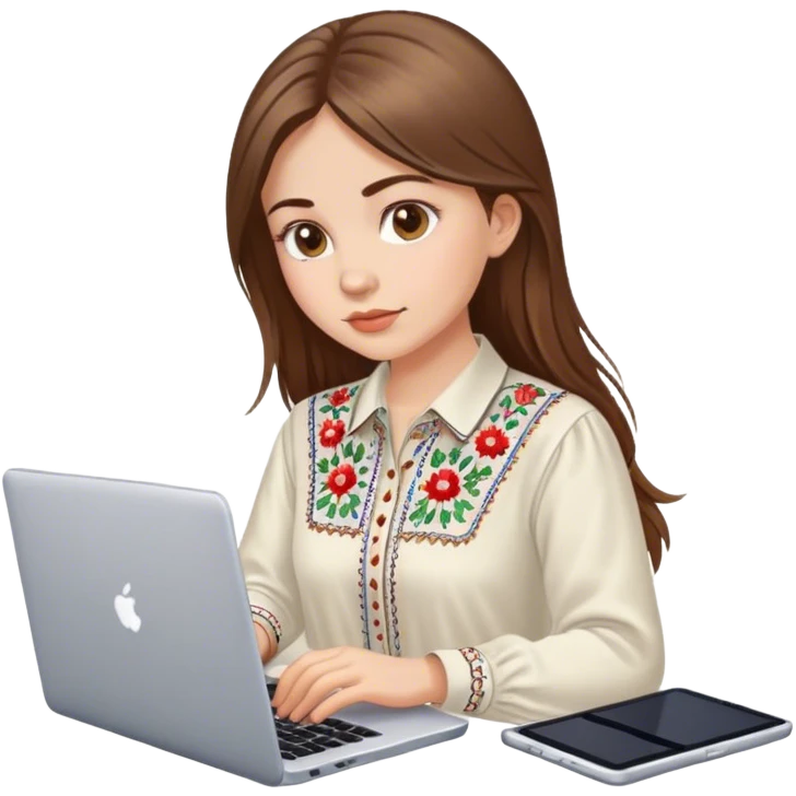 A Ukrainian girl with brown hair in an embroidered shirt works at her laptop emoji