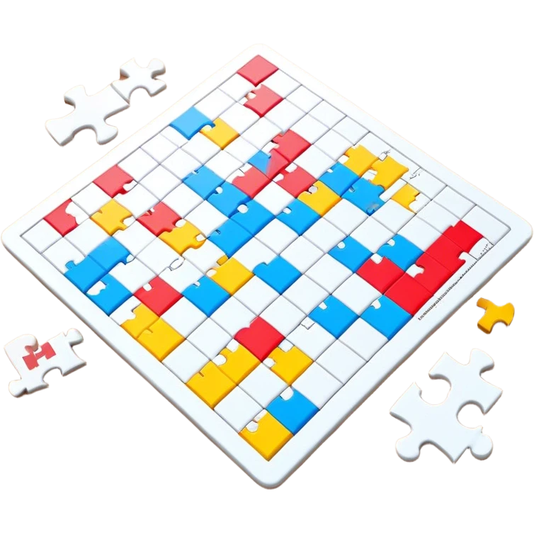A photorealistic icon with a colorful, fragmented puzzle piece, a crossword magazine, a 3D puzzle, and a partially completed puzzle on a table. Bright, detailed design with realistic lighting. Transparent background, clearly symbolizing puzzles and brain games. emoji