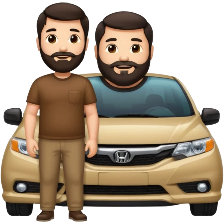 Emoji style illustration of a bearded, chubby man with dark hair, standing next to a black Honda Civic. Cute, detailed, and colorful emoji design. emoji