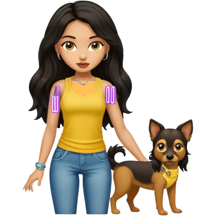 a tan pretty bratz girl with long wavy black hair, wearing a yellow tank top with a street dog emoji