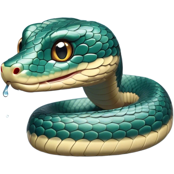 Cinematic Cute Chinese Water Snake Portrait Emoji, Head tilted playfully and inquisitively, with a compact, lithe form and a smooth, shimmering coat in subtle aquatic hues, round, sparkling eyes filled with curious fluidity, Simplified yet irresistibly adorable features, highly detailed, glowing with a warm, friendly glow, high shine, affectionate and agile, stylized with a touch of aquatic whimsy, soft glowing outline, capturing the essence of a mischievous yet loving water snake that feels like it could slither out of the screen into your arms! emoji