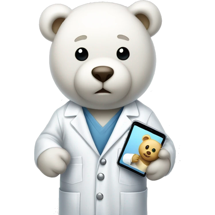white Teddy bear in labcoat with miphone in hand emoji
