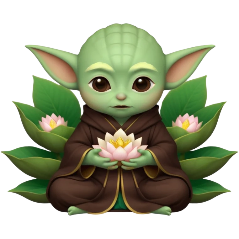 Baby Yoda con su tunica chocolate oscuro sentado dentro de una flor de loto estilo chino emoji