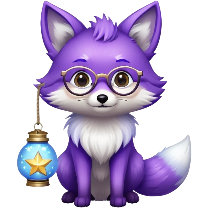 a small magical fox with shimmering purple and blue fur, a glowing fluffy tail, a silver star on its forehead, round glasses, and a tiny lantern. 😂 emoji