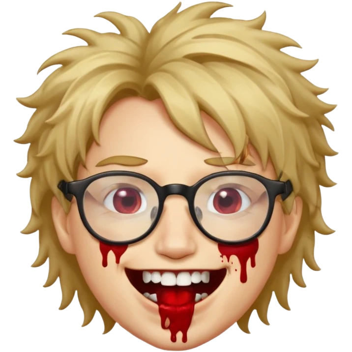 Cabelo bagunçado com oculos sorrindo com metade do rosto com dente de ouro e saindo sangue da boca  emoji