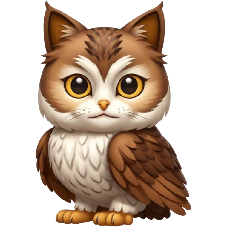 crea un gato con alas de búho con pelaje color cafe y blanco y que este con las alas cerradas y sin ningun objeto en las alas emoji