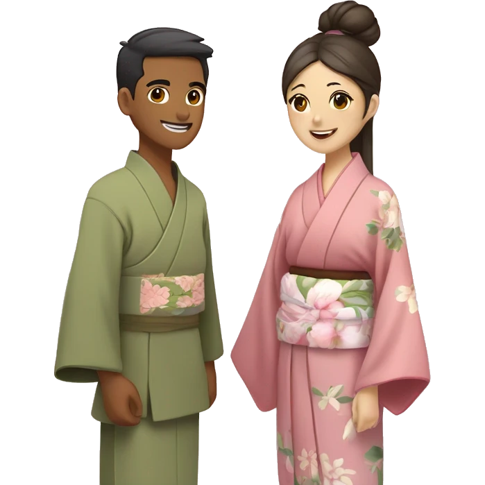 asian couple in kimono - man wearing kimono with olive green inside and brown outside and beige fabric belt, woman with long hair in bun with accessories wearing light pink kimono with pastel florals of different colors emoji