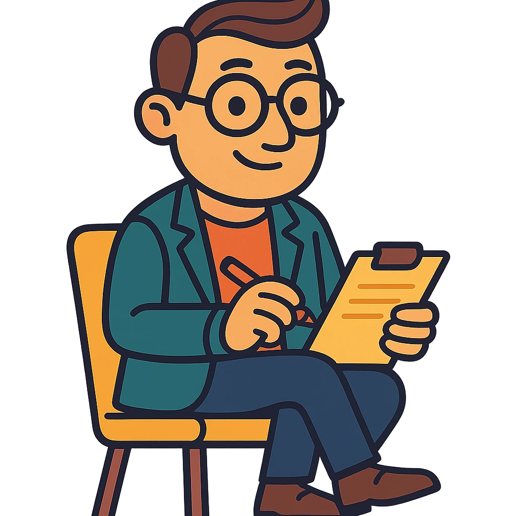 therapist cartoon character with glasses and notepad emoji