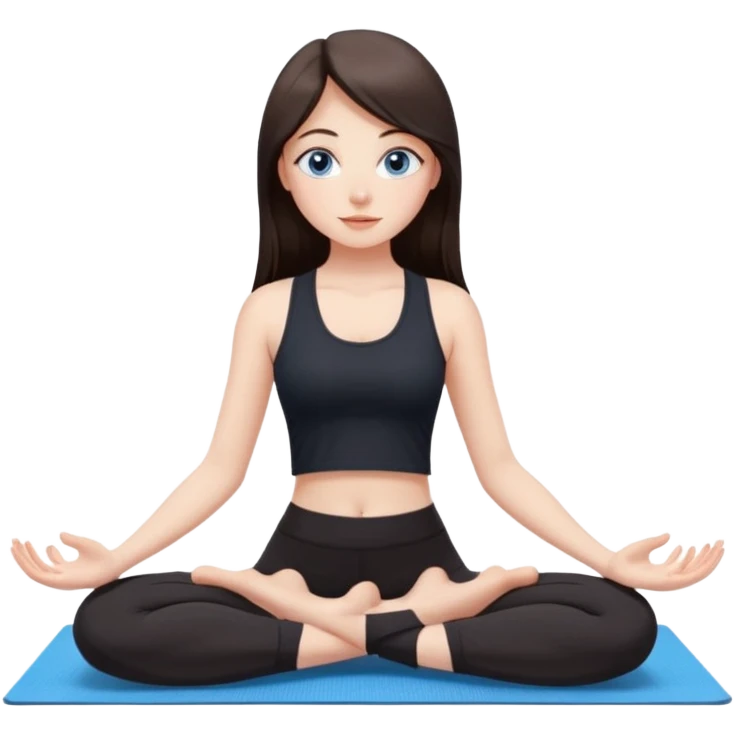 A girl with fair skin and a caring blush. Her eyes are big, expressive, blue. Her hair is long, straight, dark brown. She is dressed in a black top and leggings. She is doing yoga on a beige mat. emoji