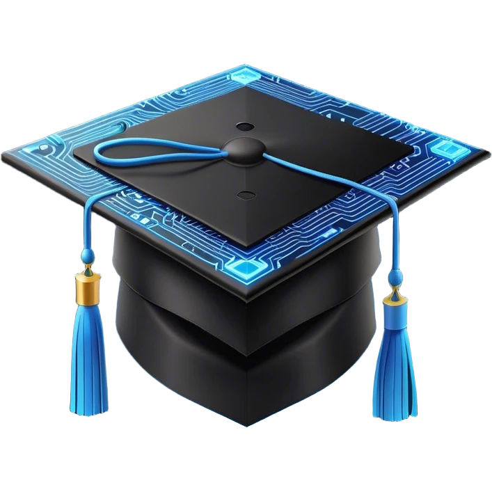 A sleek black graduation cap (mortarboard) with a glowing blue circuit board pattern on the top, representing technology and IT. The cap has a modern, futuristic design, with subtle neon blue lines mimicking digital circuits. A small, pixelated cursor icon replaces the traditional tassel, symbolizing coding and software development. The background is plain white emoji