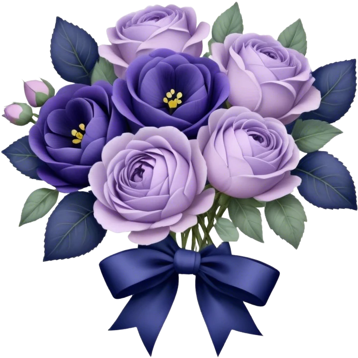 A hand-tied bouquet of soft lilac roses, pale violet peonies, and deep indigo pansies, bound with layers of vintage lace and a faded purple silk bow, rests upon a carved wooden vanity, beside an antique silver heart-shaped mirror reflecting the timeless beauty of love’s gentle touch. emoji