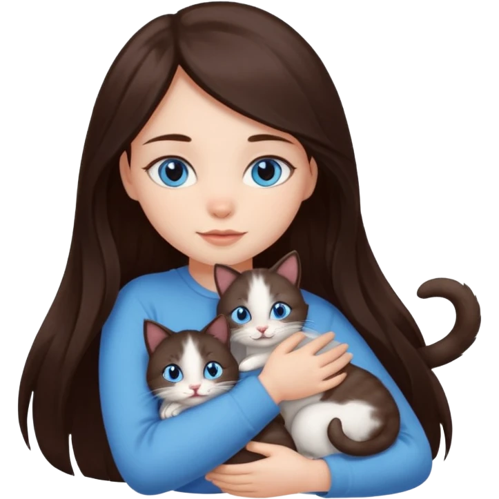 a pretty girl with long dark 
brown hair, with blue eyes, hugs 3 different natural coloured small cats emoji