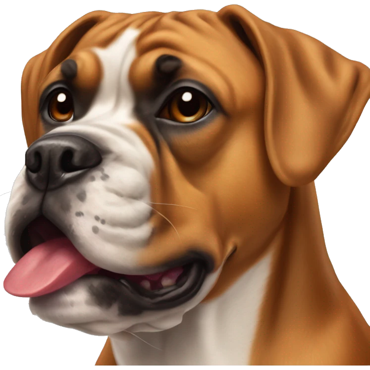 Senior boxer dog with single canine tooth sticking out of her closed mouth.  emoji