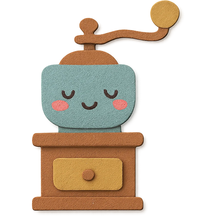 vintage coffee grinder, full body, blushing cheeks, hand-drawn soft pastel style emoji