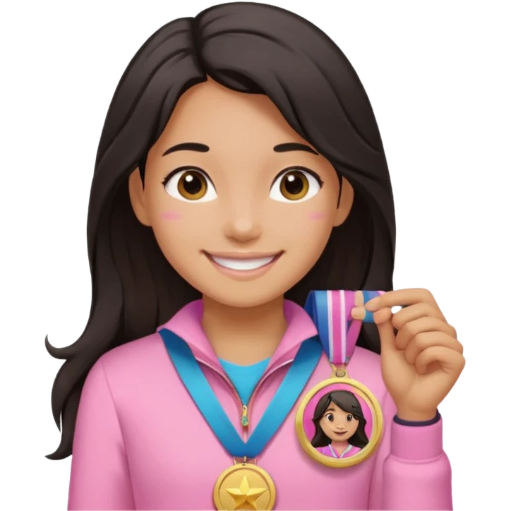 black haired girl wearing pastel pink with one medal, remove any hats, make her smile, make her hair longer, make her tan emoji